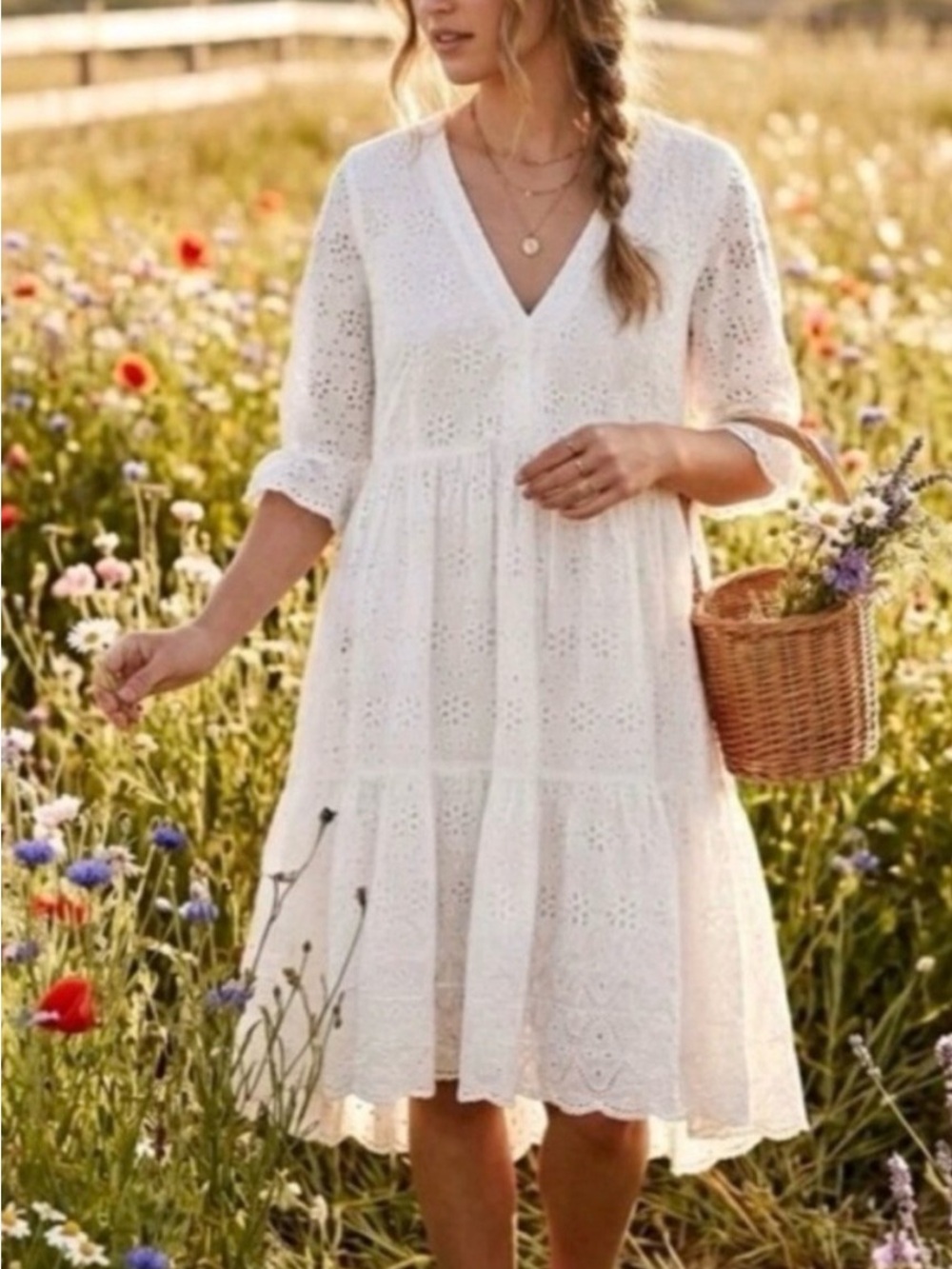 White Eyelet V-Neck Midi Dress - Sundance
